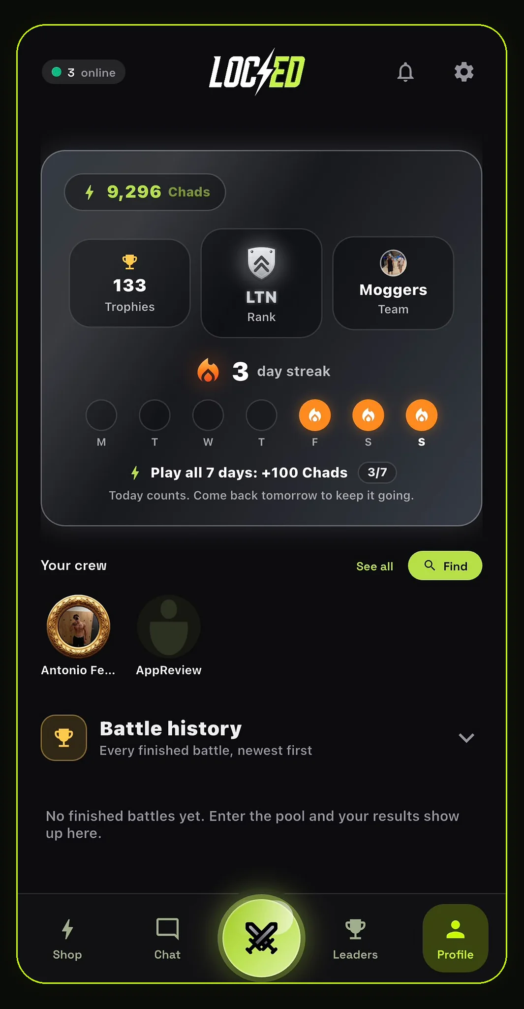LOCKED profile screen with trophies and streak